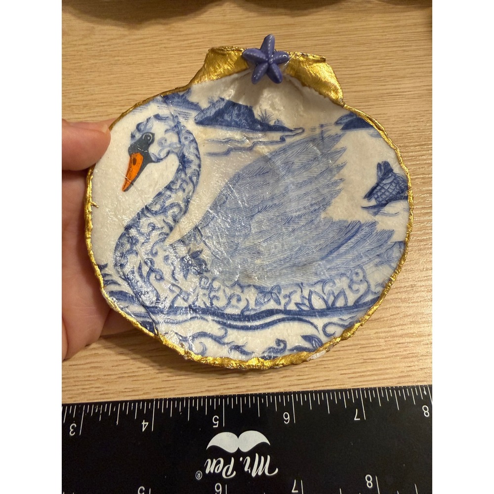 Handmade Decoupage Scallop Shell Trinket Dish Blue White Swan Gold Edge 4.5"